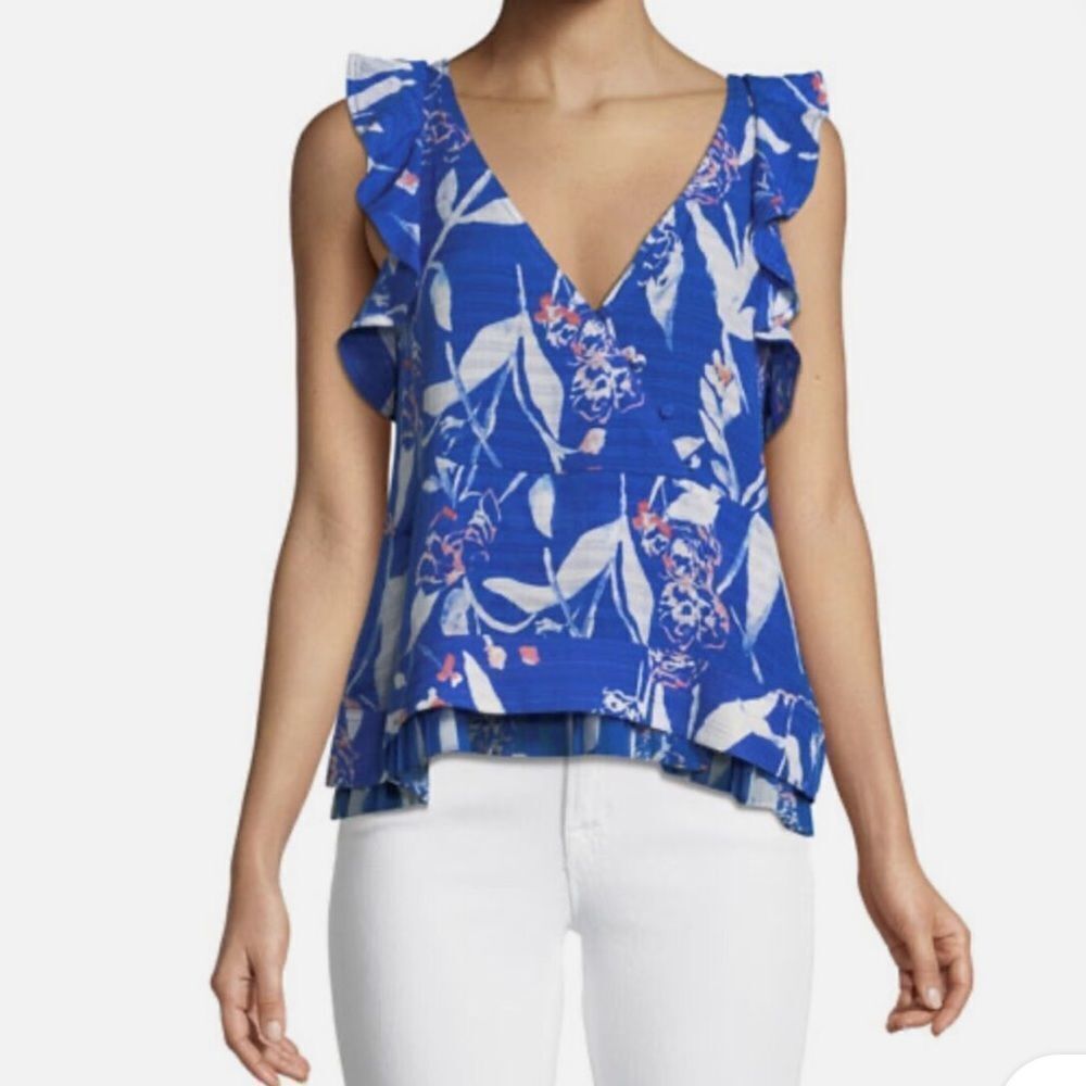 Tanya Taylor Womens Mila Floral Blue Sleeveless Top